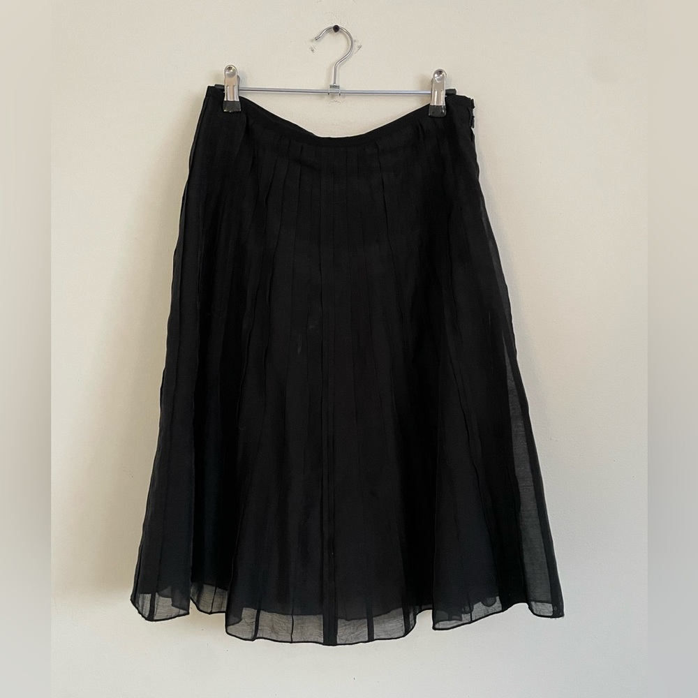 Elegant Whimsigoth Midi Black Texture Pleat Skirt with Semi Sheer Overlay a-line